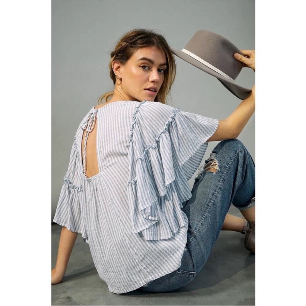 Anthropologie Pilcro Blue Striped Sybil Ruffle Sleeve Open Back Blouse XS